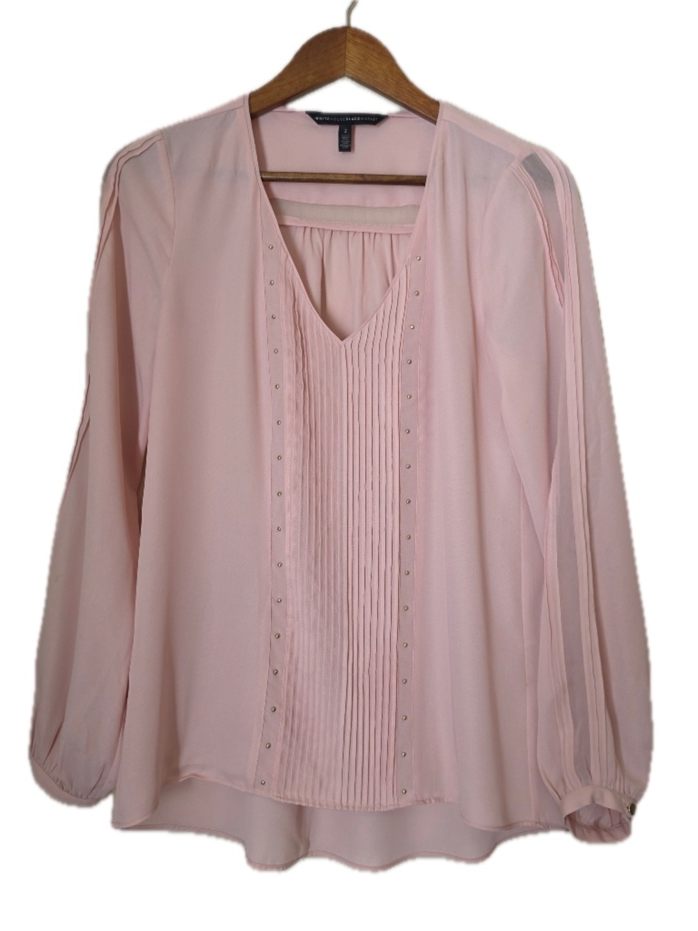 White House Black Market Blouse Womens 2 Pink Tunic V-Neck Pleated Studded